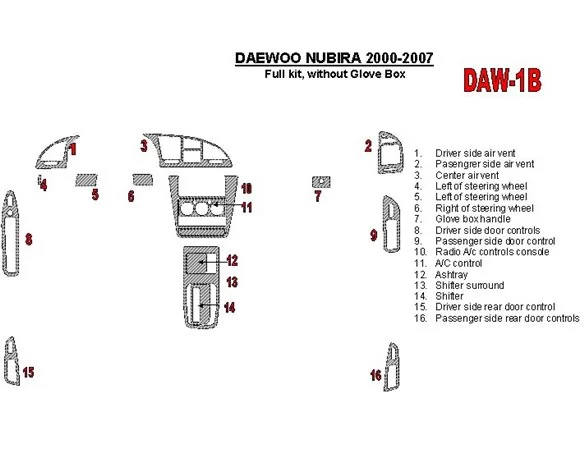 Daewoo Nubira 2000-2007 Full Set, Without glowe-box Interior BD Dash Trim Kit - 1 - Interior Dash Trim Kit