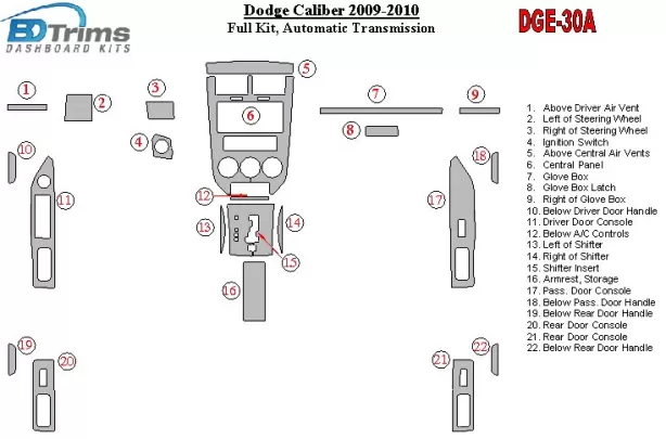 Dodge Caliber 2009-UP Ensemble complet, kit de garniture de tableau de bord intérieur BD à engrenage automatique - 1