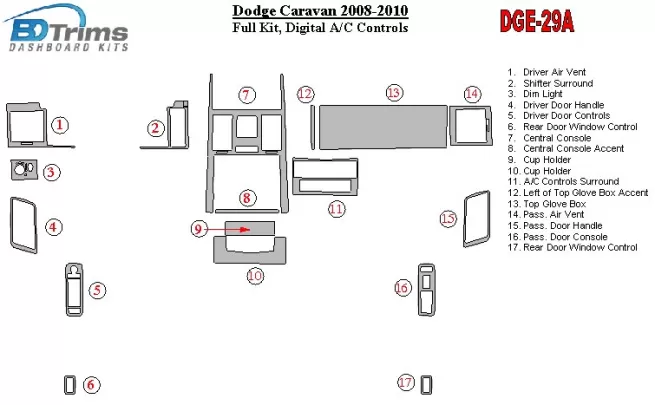 Dodge Caravan 2008-UP Ensemble complet, commandes automatiques AC Kit de garniture de tableau de bord intérieur BD - 1 Dodge Caravan 2008-UP Ensemble complet, commandes automatiques AC Kit de garniture de tableau de bord intérieur BD - 1