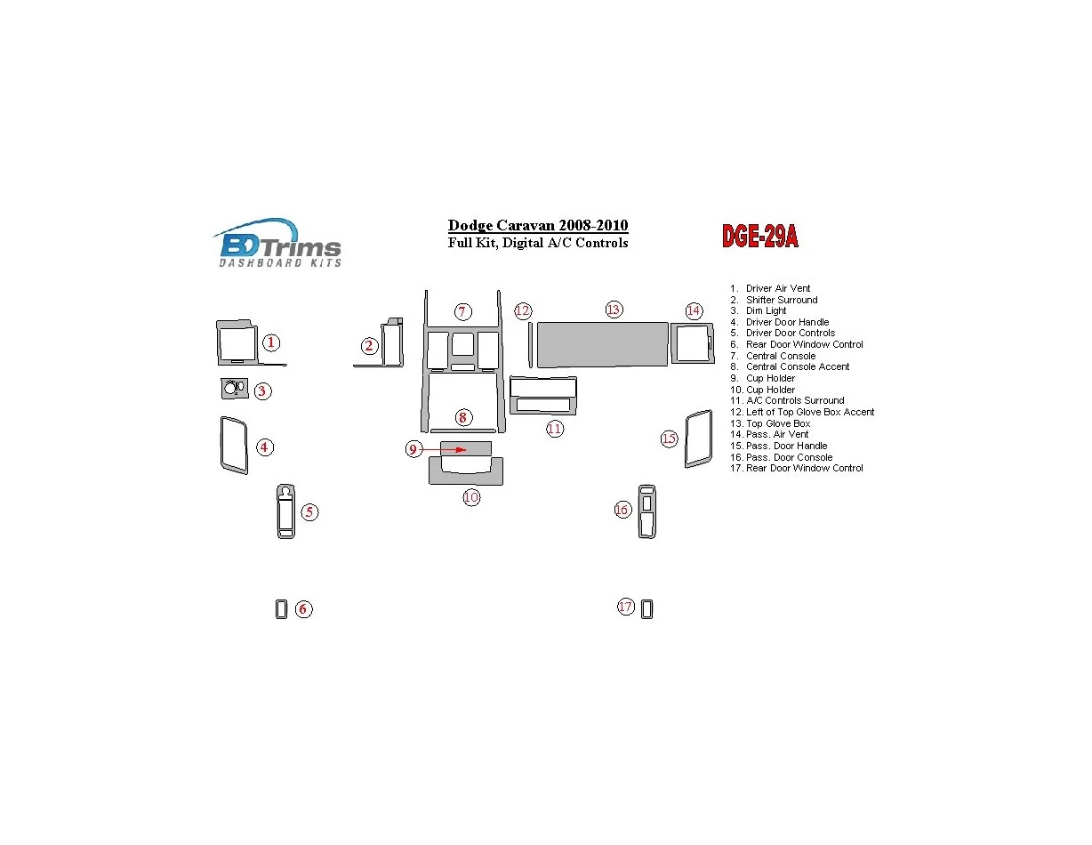 Dodge Caravan 2008-UP Ensemble complet, commandes automatiques AC Kit de garniture de tableau de bord intérieur BD - 1