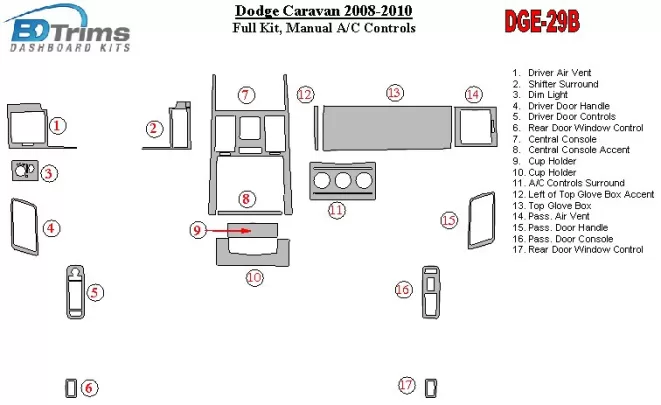 Dodge Caravan 2008-UP Full Set, Manual Gearbox AC Controls Interior BD Dash Trim Kit - 1 - Interior Dash Trim Kit Dodge Caravan 2008-UP Full Set, Manual Gearbox AC Controls Interior BD Dash Trim Kit - 1 - Interior Dash Trim Kit
