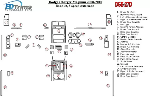 Dodge Charger 2008-UP Basic Set, 5 - Gears Automatic Gearbox Interior BD Dash Trim Kit - 1 - Interior Dash Trim Kit Dodge Charger 2008-UP Basic Set, 5 - Gears Automatic Gearbox Interior BD Dash Trim Kit - 1 - Interior Dash Trim Kit