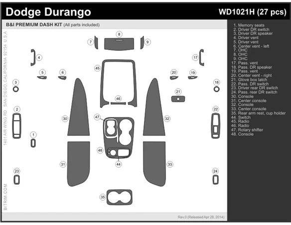 Dodge Durango 2011-UP Interior BD Custom Dash Trim Kit