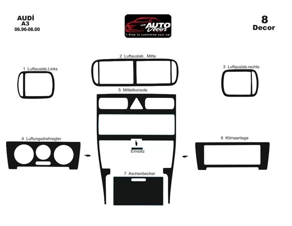 Audi A3 Typ 8L 06.96-08.00 3D Interior Custom Dash Trim Kit 8-Parts
