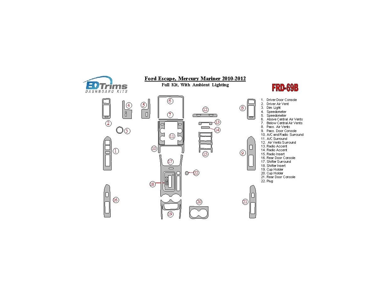 Ford Escape 2010-2012 Full Set With lighting Ambient lighting Interior BD Dash Trim Kit - 1 - Interior Dash Trim Kit