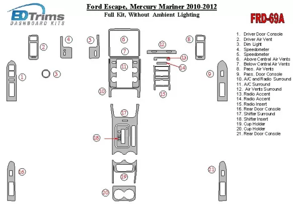 Ford Escape 2010-2012 Volledige set Zonder verlichting Sfeerverlichting Interieur BD Dash Trim Kit - 1