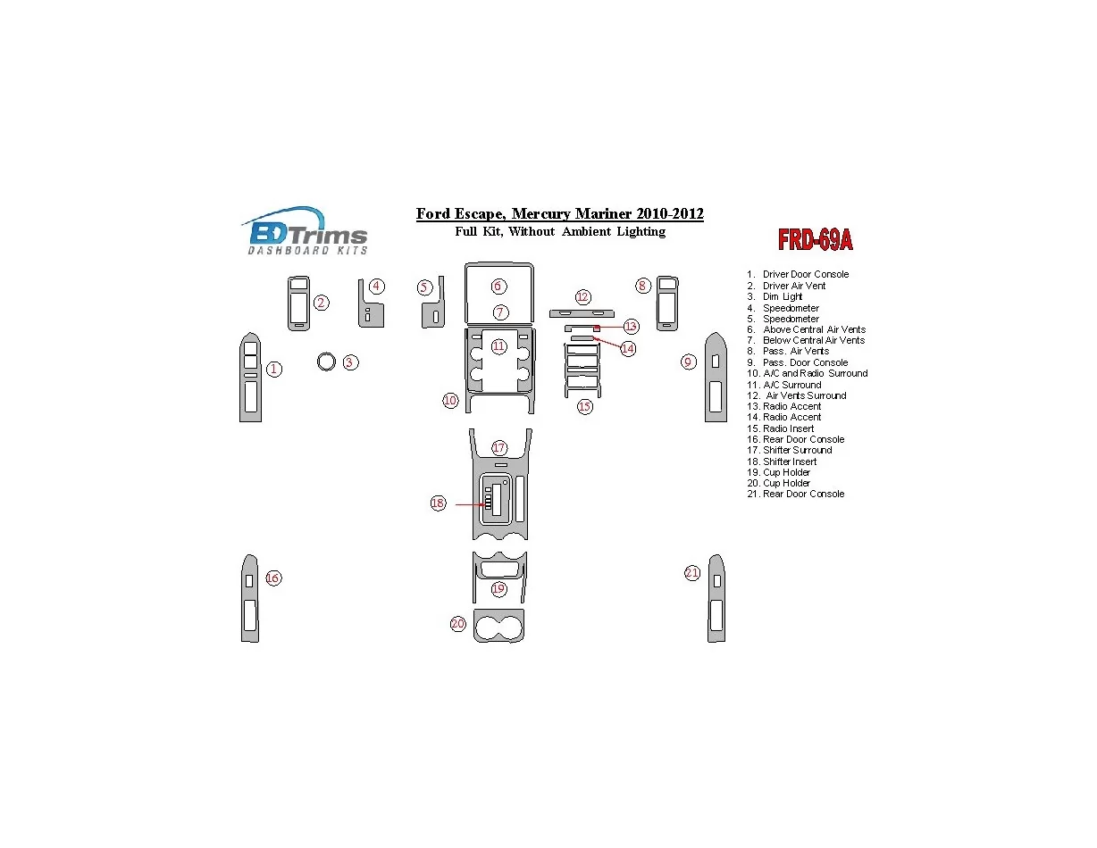 Ford Escape 2010-2012 Ensemble complet Sans éclairage Éclairage d'ambiance Intérieur BD Dash Trim Kit - 1