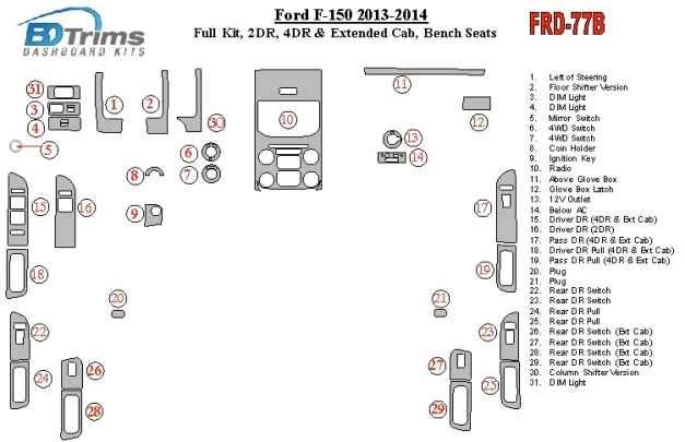 Ford F-150 2013-UP Full Set, Driver Bench Interior BD Dash Trim Kit - 1 - Interior Dash Trim Kit Ford F-150 2013-UP Full Set, Driver Bench Interior BD Dash Trim Kit - 1 - Interior Dash Trim Kit