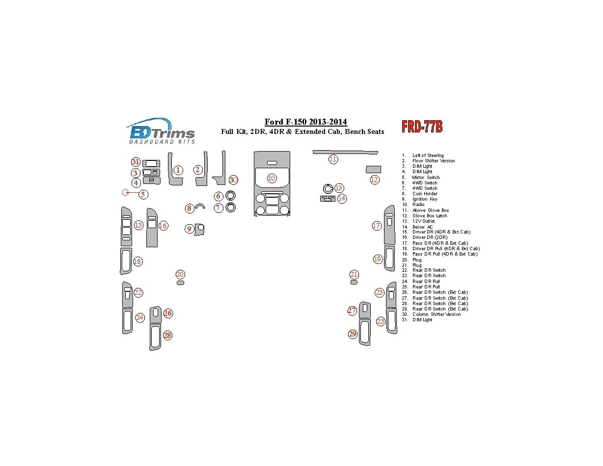 Ford F-150 2013-UP Ensemble complet, kit de garniture de tableau de bord intérieur BD pour banc de conducteur - 1