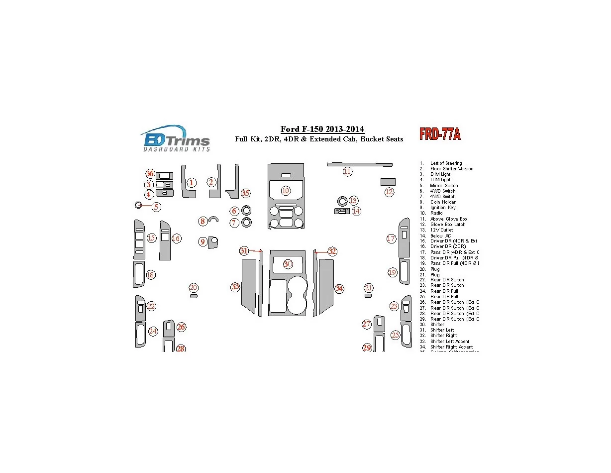 Ford F-150 2013-UP Ensemble complet, sièges conducteur séparés Intérieur BD Dash Trim Kit - 1