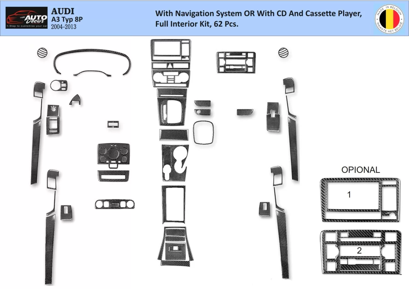 Audi A3 Typ 8P 2006-2014 Kit de garniture de tableau de bord intérieur 3D Dash Trim Dekor 62-Parts - 1