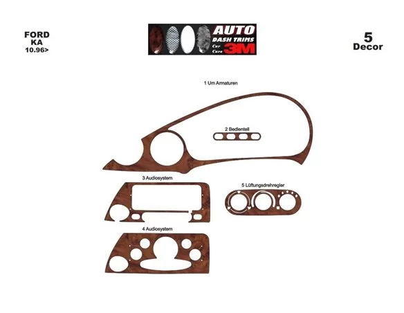Ford Ka 10.96-02.02 Kit de garniture de tableau de bord intérieur 3D Dash Trim Dekor 5-Parts