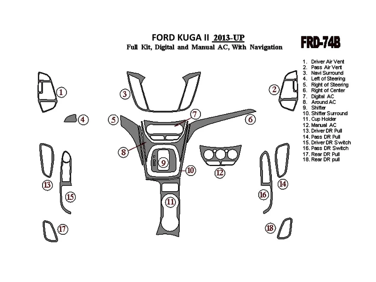 Ford Kuga 2013-UP Volledige set, met NAVI Interieur BD Dash Trim Kit - 1