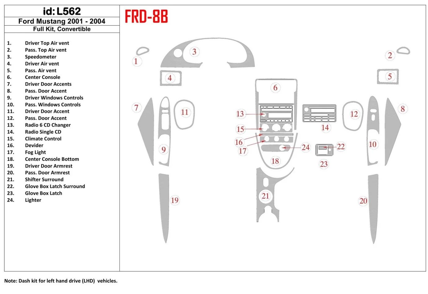 Ford Mustang 2001-2004 Toit pliant-Cabrio, Ensemble complet Intérieur BD Dash Trim Kit - 1