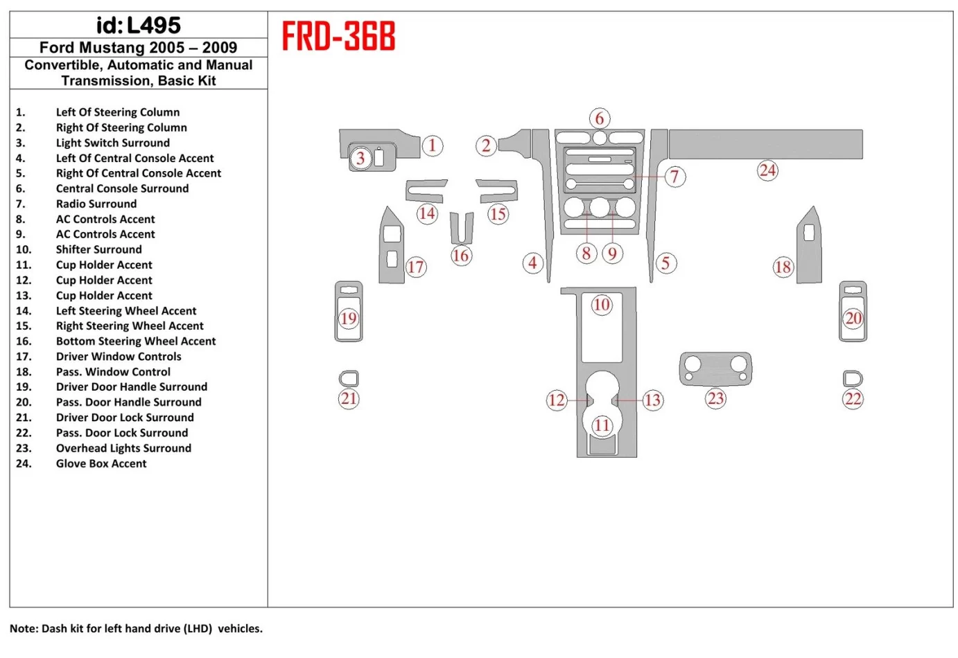 Ford Mustang 2005-2009 Toit pliant-Cabrio, Ensemble de base Intérieur BD Dash Trim Kit - 1