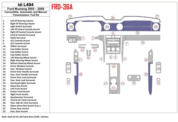 Ford Mustang 2005-2009 toit pliant-Cabrio, ensemble complet intérieur BD Dash Trim Kit - 1