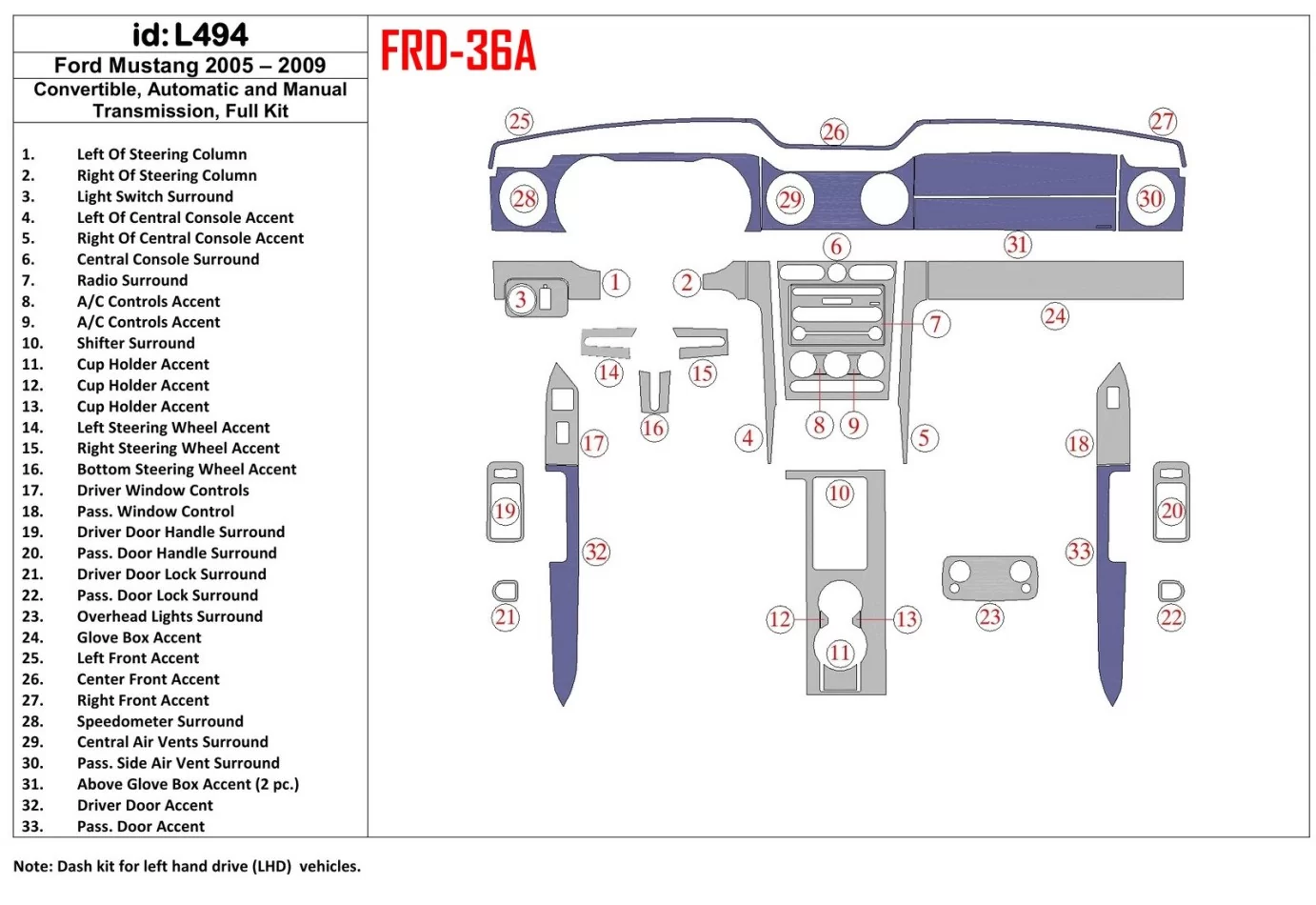 Ford Mustang 2005-2009 toit pliant-Cabrio, ensemble complet intérieur BD Dash Trim Kit - 1