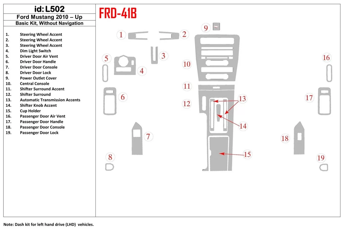 Ensemble de base Ford Mustang 2010-UP, sans kit de garniture de tableau de bord intérieur NAVI BD - 1