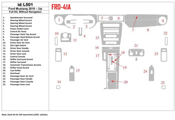 Ford Mustang 2010-UP volledige set, zonder NAVI interieur BD dashboardafwerkingsset - 1