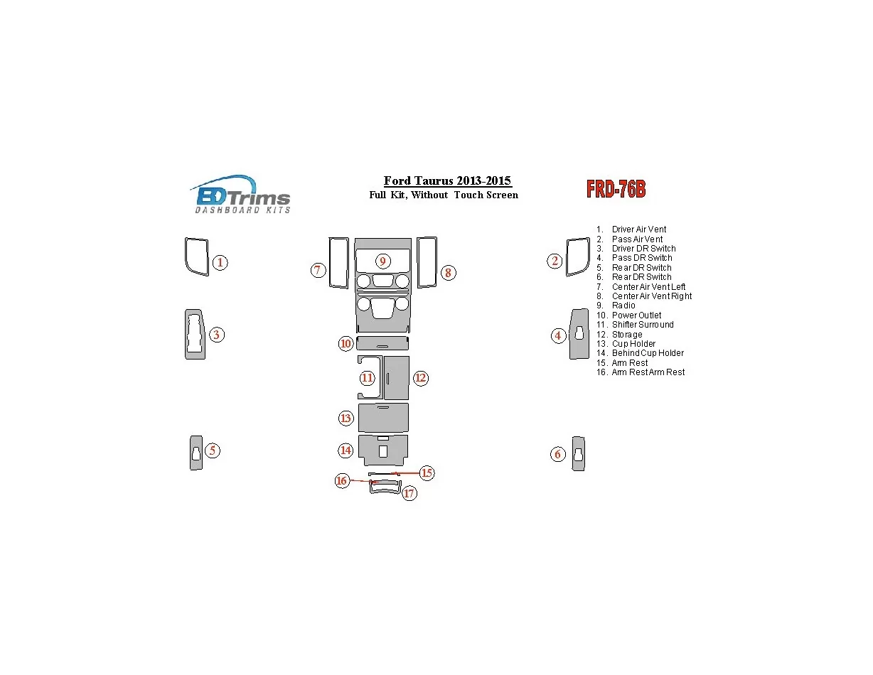 Ford Taurus 2013-UP Volledige set, zonder touchscreen Interieur BD Dash Trim Kit - 1