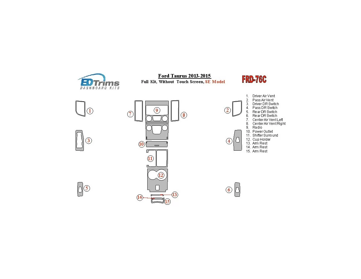 Ford Taurus 2013-UP Volledige set, zonder touchscreen, SE Model Interieur BD Dash Trim Kit - 1