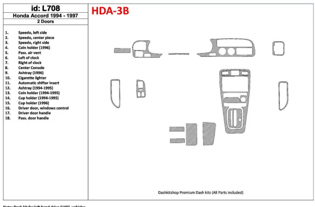 Honda Accord 1994-1997 2 portes, ensemble complet, ensemble de 18 pièces Kit de garniture de tableau de bord intérieur BD - 1 Honda Accord 1994-1997 2 portes, ensemble complet, ensemble de 18 pièces Kit de garniture de tableau de bord intérieur BD - 1