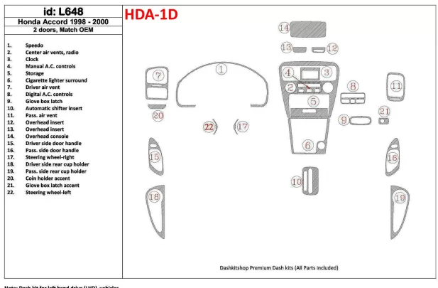 Honda Accord 1998-2000 2 Doors, Mtach OEM, 22 Parts set Interior BD Dash Trim Kit - 1 Honda Accord 1998-2000 2 Doors, Mtach OEM, 22 Parts set Interior BD Dash Trim Kit - 1