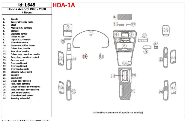 Honda Accord 1998-2000 4 portes, ensemble complet, ensemble de 28 pièces Kit de garniture de tableau de bord intérieur BD - 1 Honda Accord 1998-2000 4 portes, ensemble complet, ensemble de 28 pièces Kit de garniture de tableau de bord intérieur BD - 1