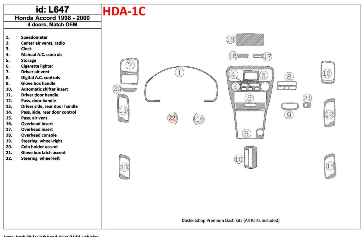Honda Accord 1998-2000 4 portes, conformité OEM, kit de garniture de tableau de bord intérieur BD 22 pièces - 1