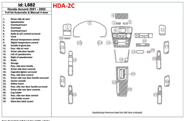 Honda Accord 2001-2002 4 Doors, Full Set, 29 Parts set Interior BD Dash Trim Kit - 1 - Interior Dash Trim Kit Honda Accord 2001-2002 4 Doors, Full Set, 29 Parts set Interior BD Dash Trim Kit - 1 - Interior Dash Trim Kit