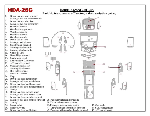 Honda Accord 2003-2007 Basic Set, Manual Gearbox A/C Control, Without NAVI system, 4 Doors Interior BD Dash Trim Kit - 1 - Inter Honda Accord 2003-2007 Basic Set, Manual Gearbox A/C Control, Without NAVI system, 4 Doors Interior BD Dash Trim Kit - 1 - Inter
