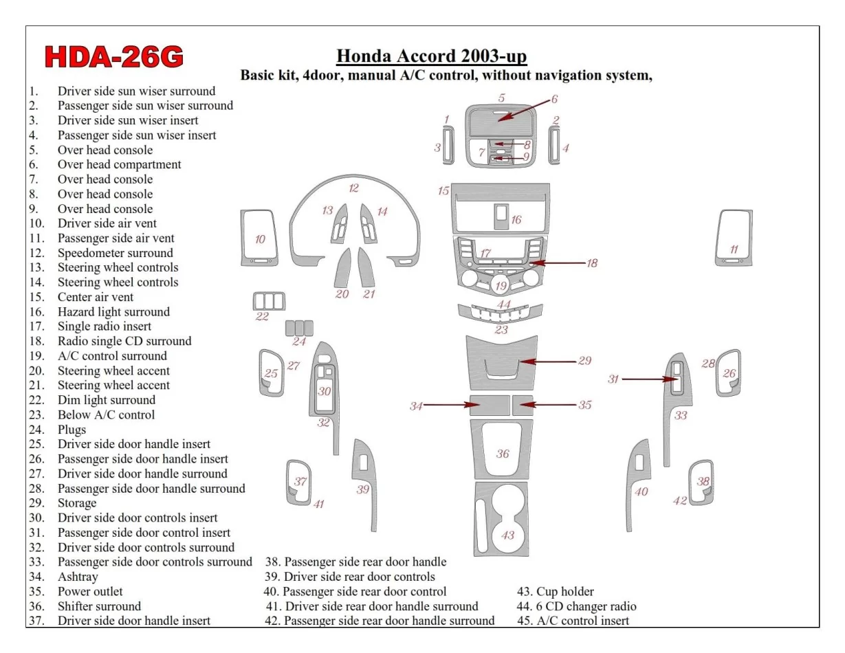 Honda Accord 2003-2007 Basic Set, Manual Gearbox A/C Control, Without NAVI system, 4 Doors Interior BD Dash Trim Kit - 1