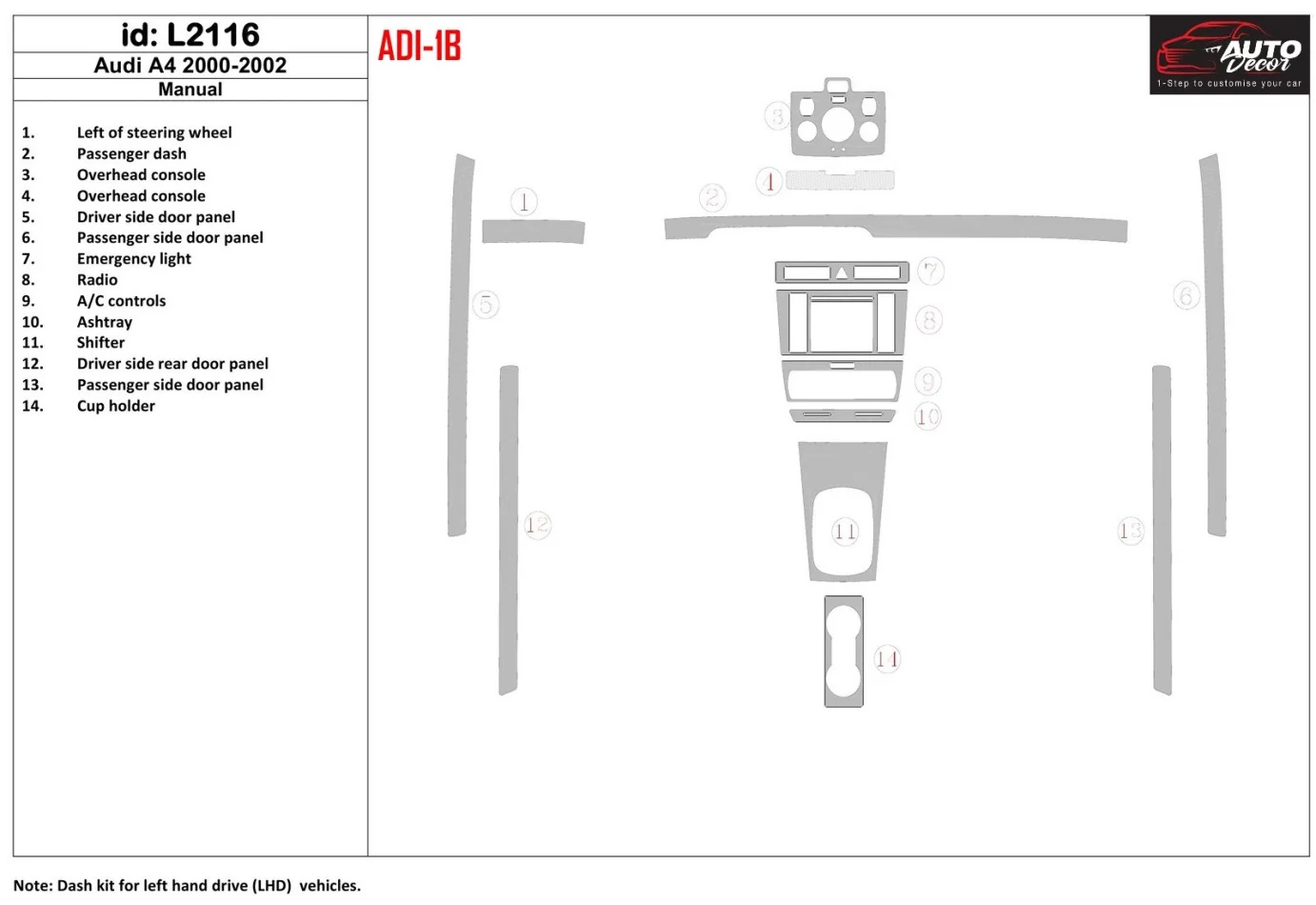 Audi A4 2000-2001 Volledige set, Manual.G Interieur BD Dash Trim Kit - 1