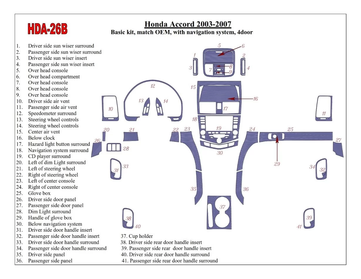 Ensemble de base Honda Accord 2003-2007, conformité OEM, avec système NAVI, kit de garniture de tableau de bord BD intérieur 4 p