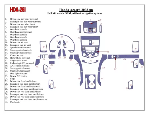 Ensemble complet Honda Accord 2003-2007, conformité OEM, sans système NAVI Kit de garniture de tableau de bord BD intérieur - 1 Ensemble complet Honda Accord 2003-2007, conformité OEM, sans système NAVI Kit de garniture de tableau de bord BD intérieur - 1