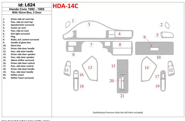 Honda Civic 1992-1995 4 Doors, With glowe-box Interior BD Dash Trim Kit - 1 - Interior Dash Trim Kit Honda Civic 1992-1995 4 Doors, With glowe-box Interior BD Dash Trim Kit - 1 - Interior Dash Trim Kit