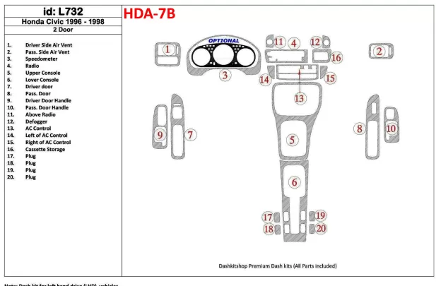 Honda Civic 1996-1998 2 portes, ensemble complet, ensemble de 20 pièces Kit de garniture de tableau de bord intérieur BD - 1 Honda Civic 1996-1998 2 portes, ensemble complet, ensemble de 20 pièces Kit de garniture de tableau de bord intérieur BD - 1