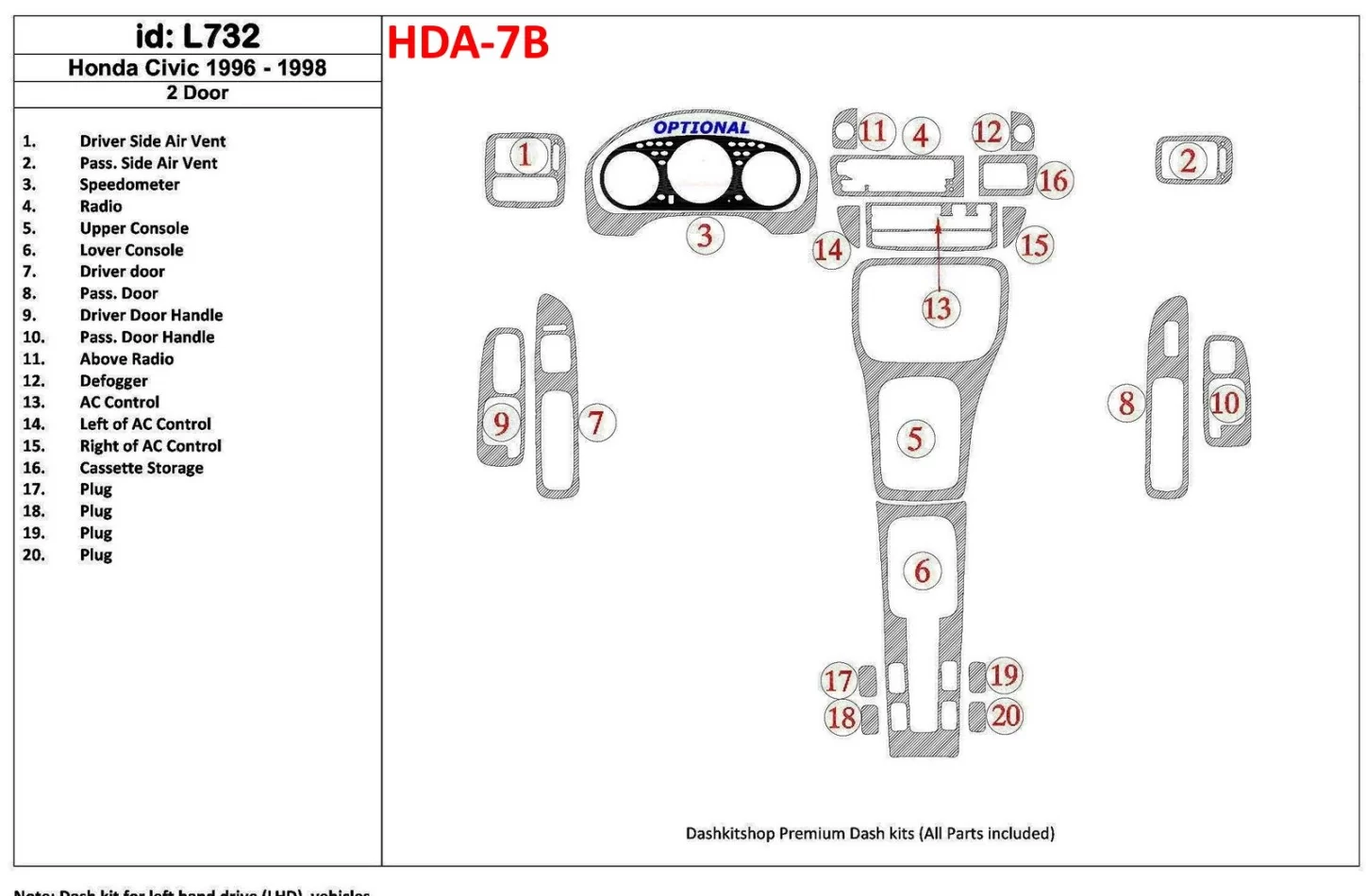 Honda Civic 1996-1998 2 portes, ensemble complet, ensemble de 20 pièces Kit de garniture de tableau de bord intérieur BD - 1