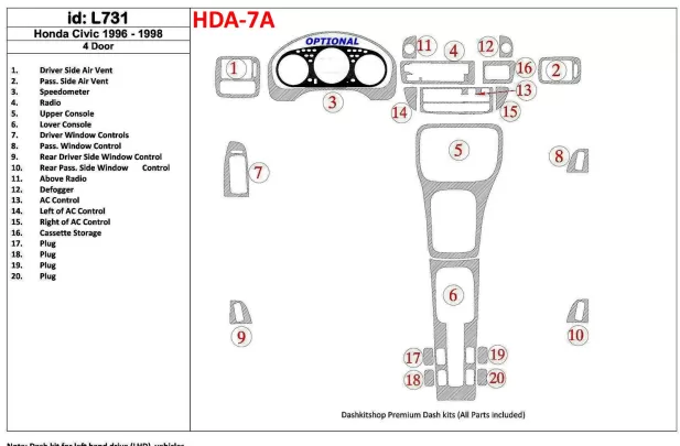 Honda Civic 1996-1998 4 deuren, volledige set, 20-delige set Interieur BD Dash Trim Kit - 1 Honda Civic 1996-1998 4 deuren, volledige set, 20-delige set Interieur BD Dash Trim Kit - 1