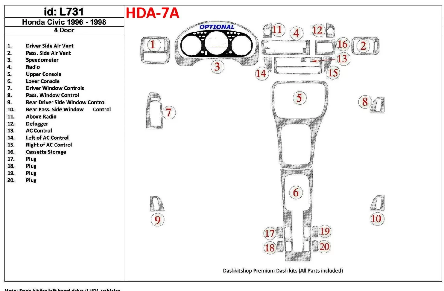 Honda Civic 1996-1998 4 deuren, volledige set, 20-delige set Interieur BD Dash Trim Kit - 1
