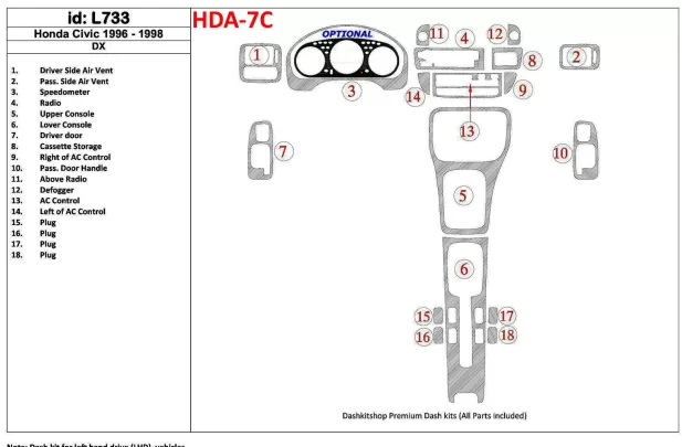Honda Civic 1996-1998 DX, 18-delige set Interieur BD Dash Trim Kit - 1 Honda Civic 1996-1998 DX, 18-delige set Interieur BD Dash Trim Kit - 1