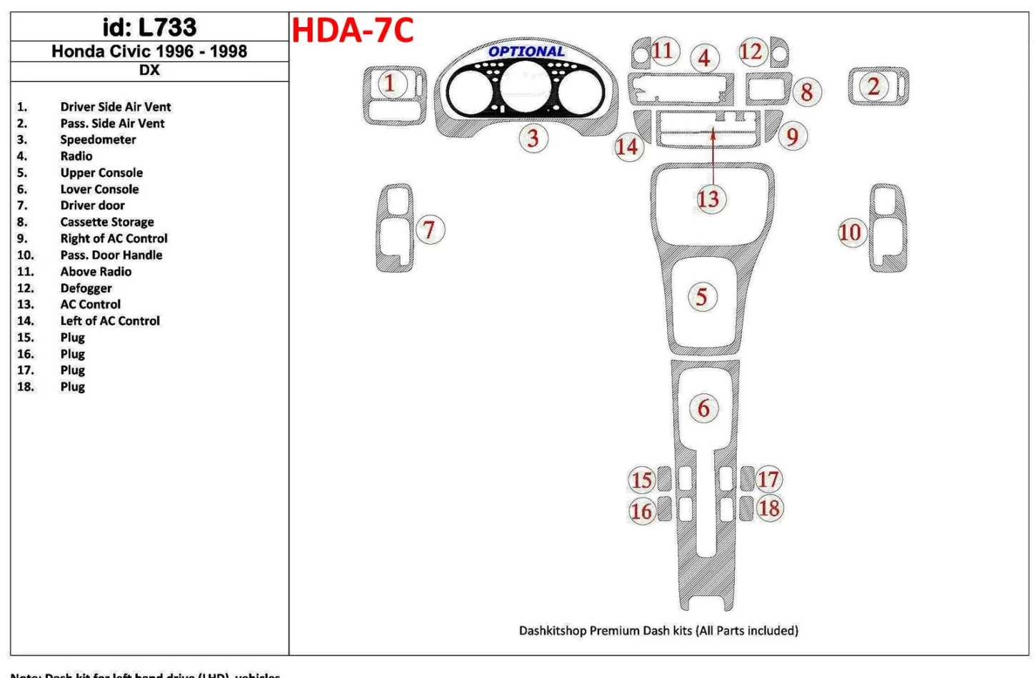 Honda Civic 1996-1998 DX, 18-delige set Interieur BD Dash Trim Kit - 1