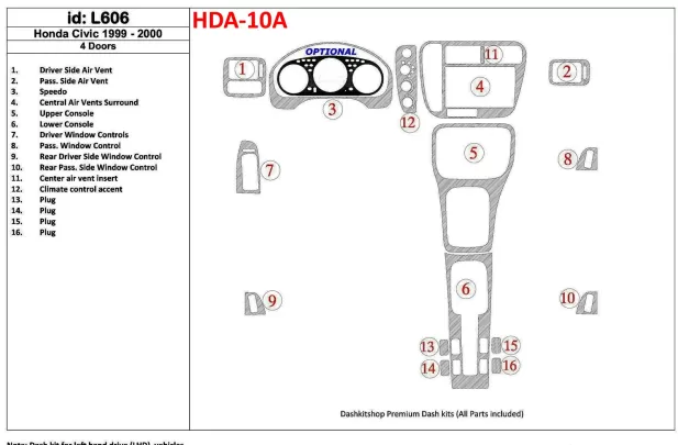 Honda Civic 1999-2000 4 deuren 16 Onderdelen set Interieur BD Dash Trim Kit - 1 Honda Civic 1999-2000 4 deuren 16 Onderdelen set Interieur BD Dash Trim Kit - 1