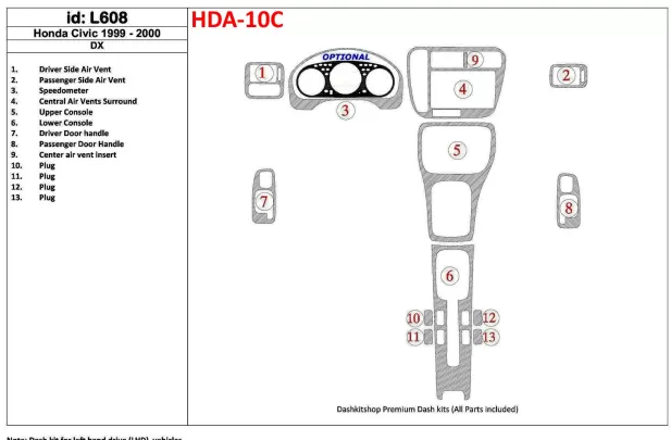 Honda Civic 1999-2000 DX, 13-delige set Interieur BD Dash Trim Kit - 1