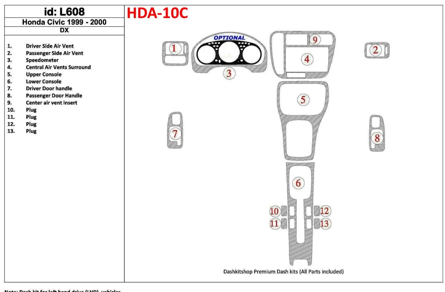 Honda Civic 1999-2000 DX, 13-delige set Interieur BD Dash Trim Kit - 1