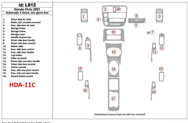 Honda Civic 2001-2001 Automatische Versnellingsbak, 4 Deuren, Zonder Glowe-Box, 20 Onderdelen set Interieur BD Dash Trim Kit - 1