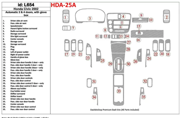 Honda Civic 2002-2002 Automatische Versnellingsbak, 2 of 4 Deurs, met glowe-box, 35 Onderdelen set Interieur BD Dash Trim Kit - Honda Civic 2002-2002 Automatische Versnellingsbak, 2 of 4 Deurs, met glowe-box, 35 Onderdelen set Interieur BD Dash Trim Kit -