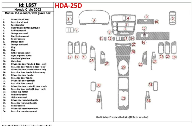 Honda Civic 2002-2002 Handgeschakelde Versnellingsbak, 2 of 4 Deurs, met glowe-box, 35 Onderdelen set Interieur BD Dash Trim Kit Honda Civic 2002-2002 Handgeschakelde Versnellingsbak, 2 of 4 Deurs, met glowe-box, 35 Onderdelen set Interieur BD Dash Trim Kit