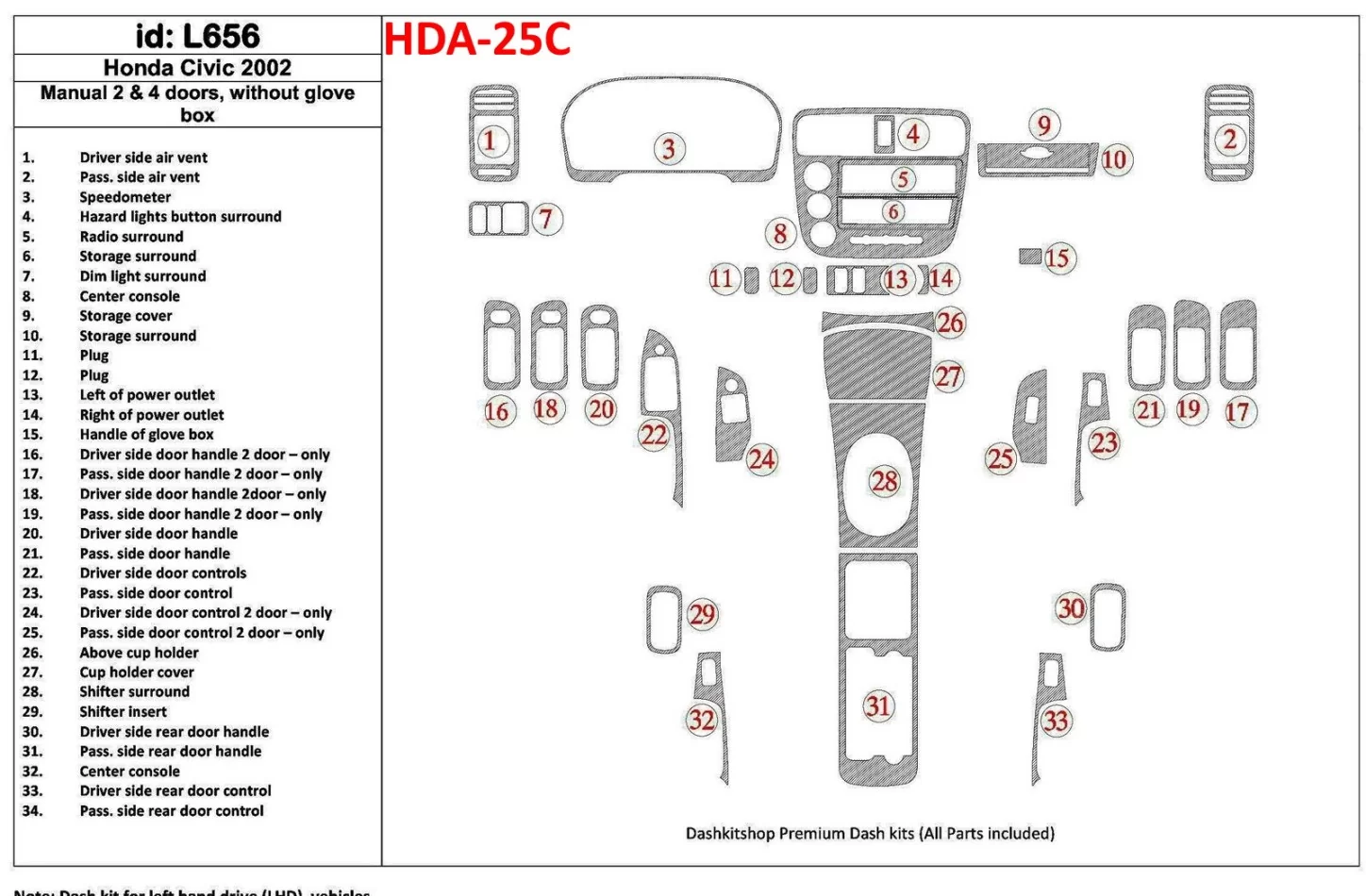Honda Civic 2002-2002 handgeschakelde versnellingsbak, 2 of 4 deuren, zonder gloeikastje, 34-delige set Interieur BD Dash Trim K