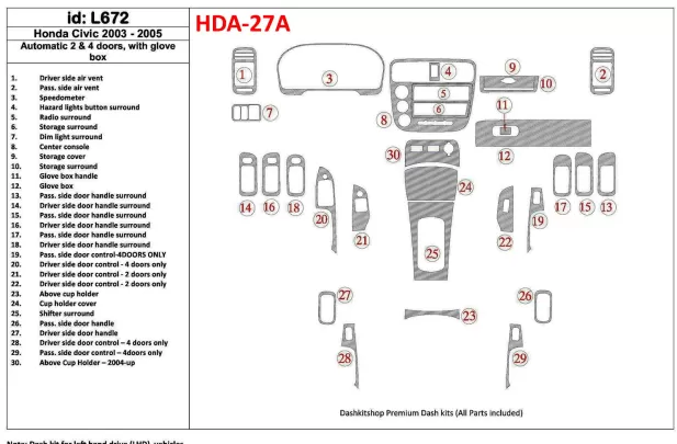 Honda Civic 2003-2005 Automatic Gear, 2 or 4 Doors, with glowe-box Interior BD Dash Trim Kit - 1 - Interior Dash Trim Kit Honda Civic 2003-2005 Automatic Gear, 2 or 4 Doors, with glowe-box Interior BD Dash Trim Kit - 1 - Interior Dash Trim Kit